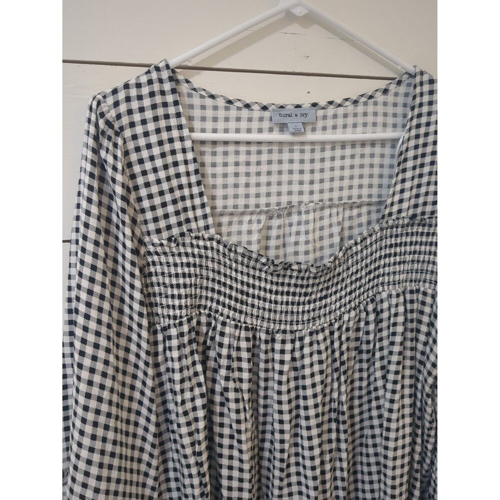 Floral & ivy black white gingham square neck ruffle sleeve rayon top L cottage